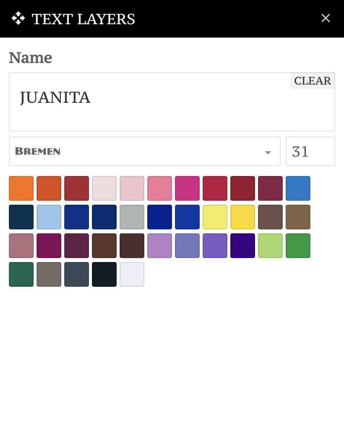 Form that allows the User to enter text, select a font, and pick a thread color.
