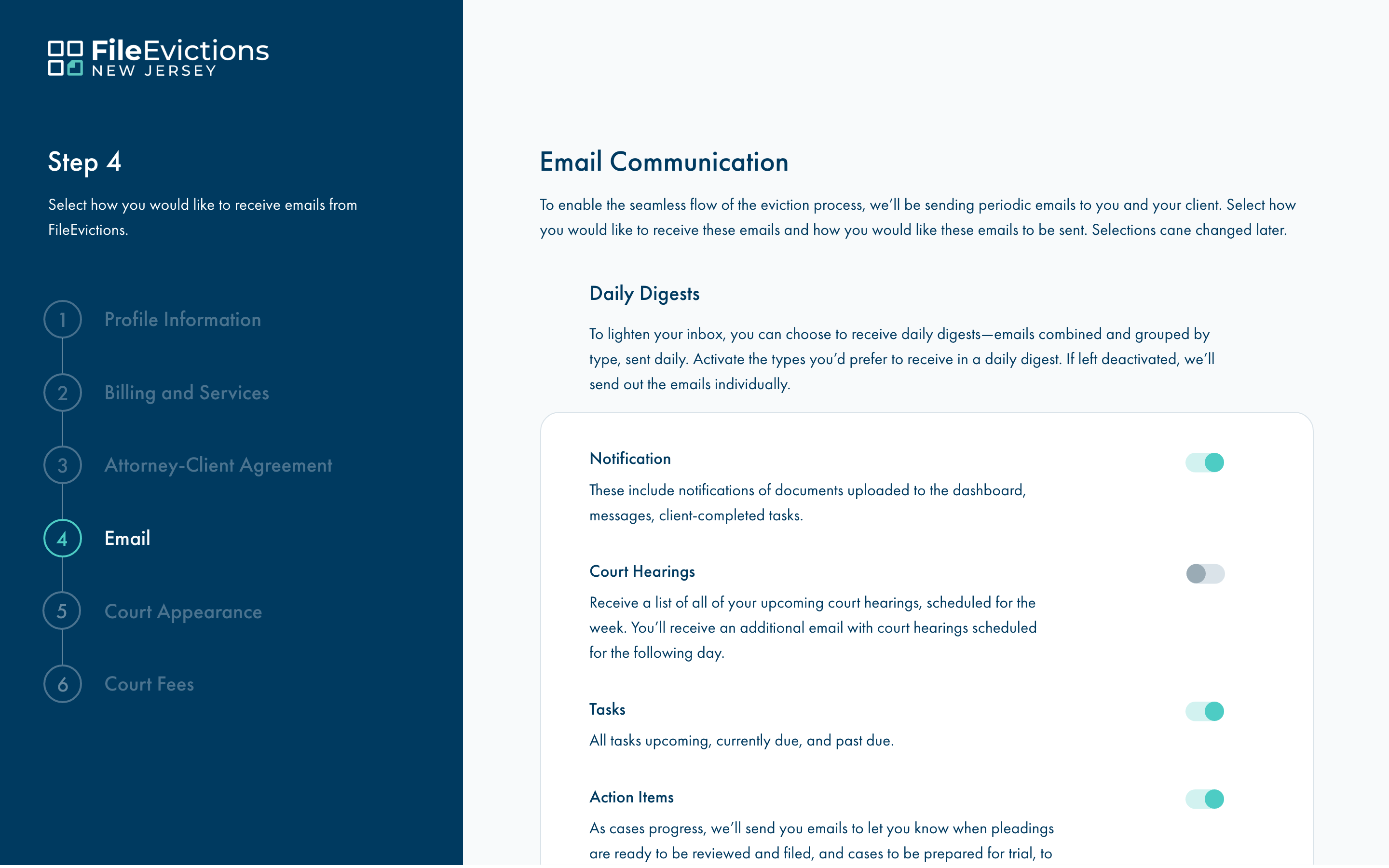 FileEvictions Attorney onboarding page. Attorney representation agreement section.