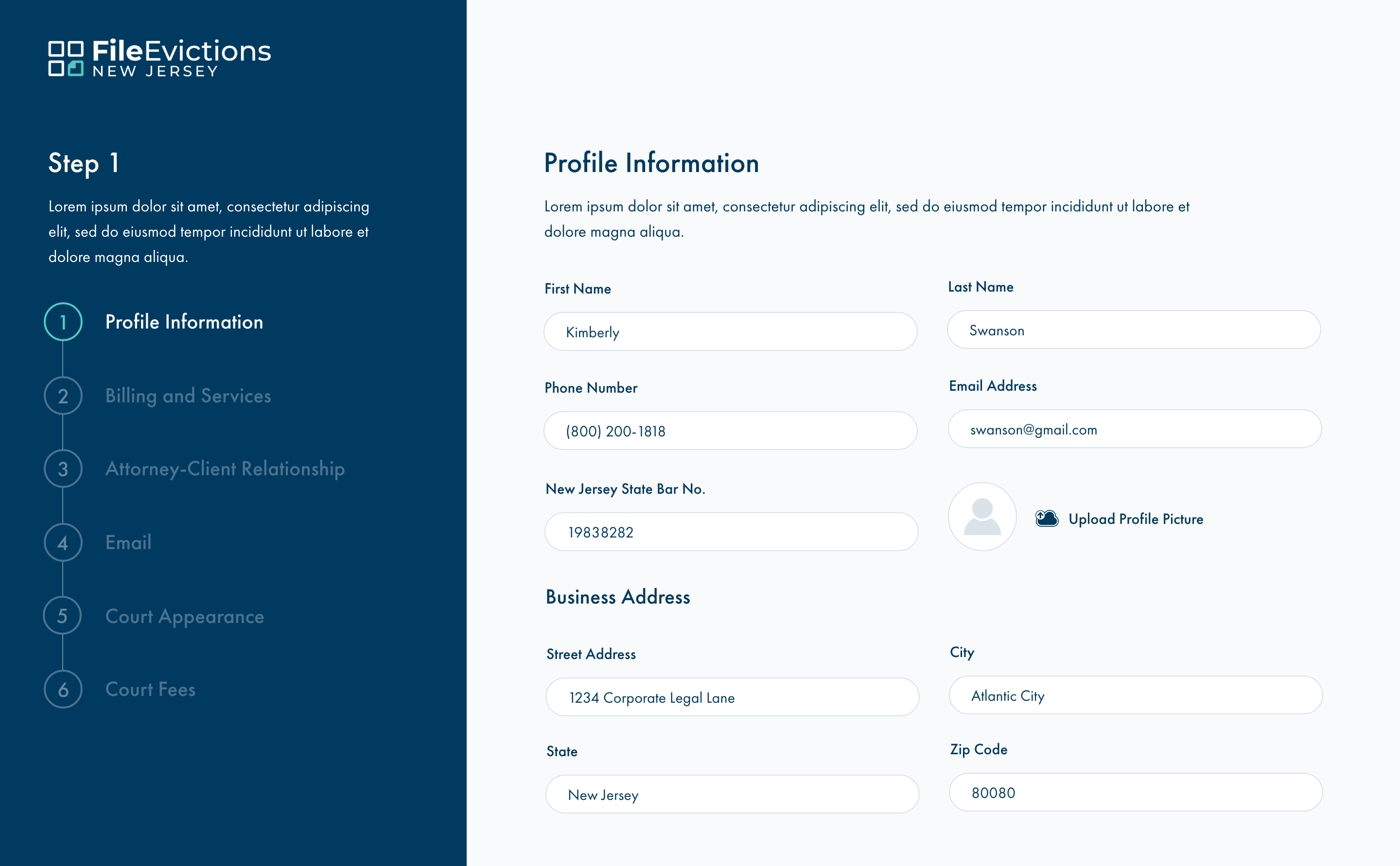 FileEvictions Attorney onboarding page. Profile section.