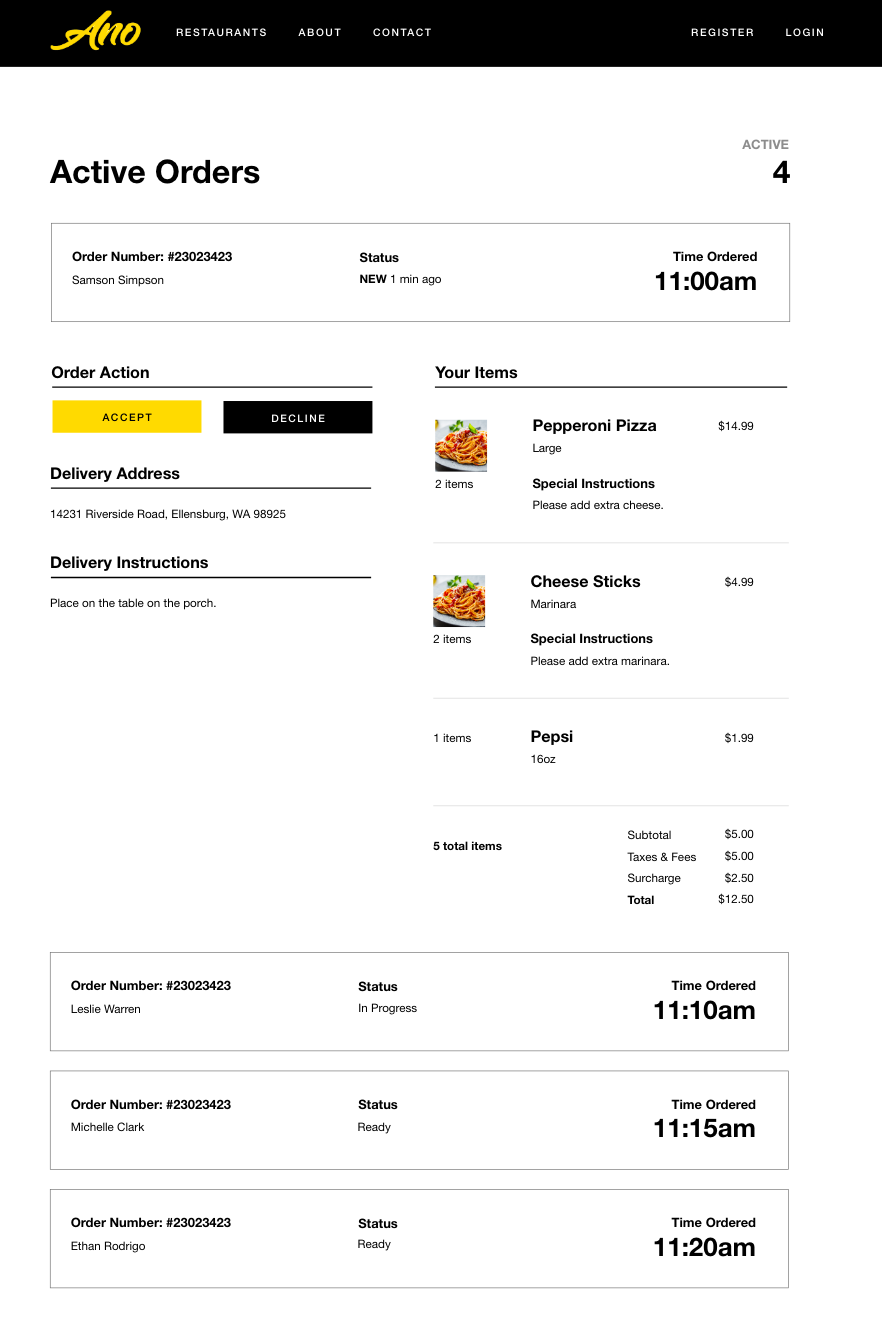 Ano Delivery active orders page.