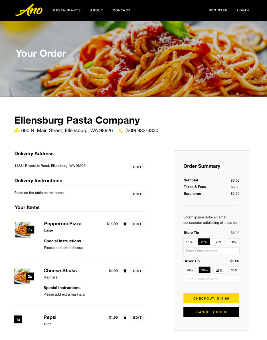 Ano Delivery cart page.